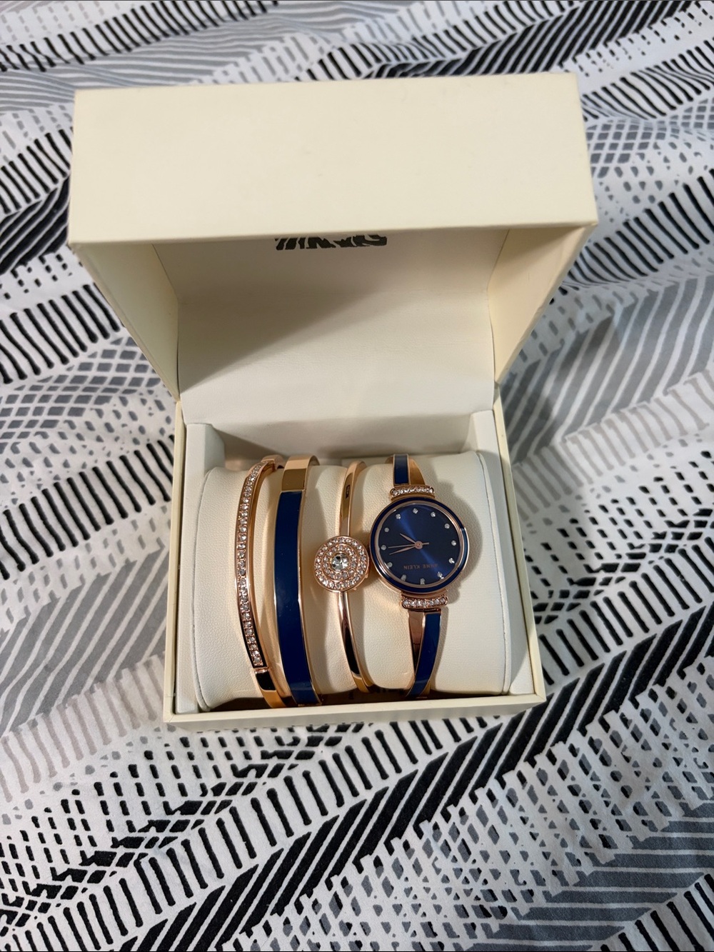 Anne Klein Navy and Rose Gold Bracelet Watch Set